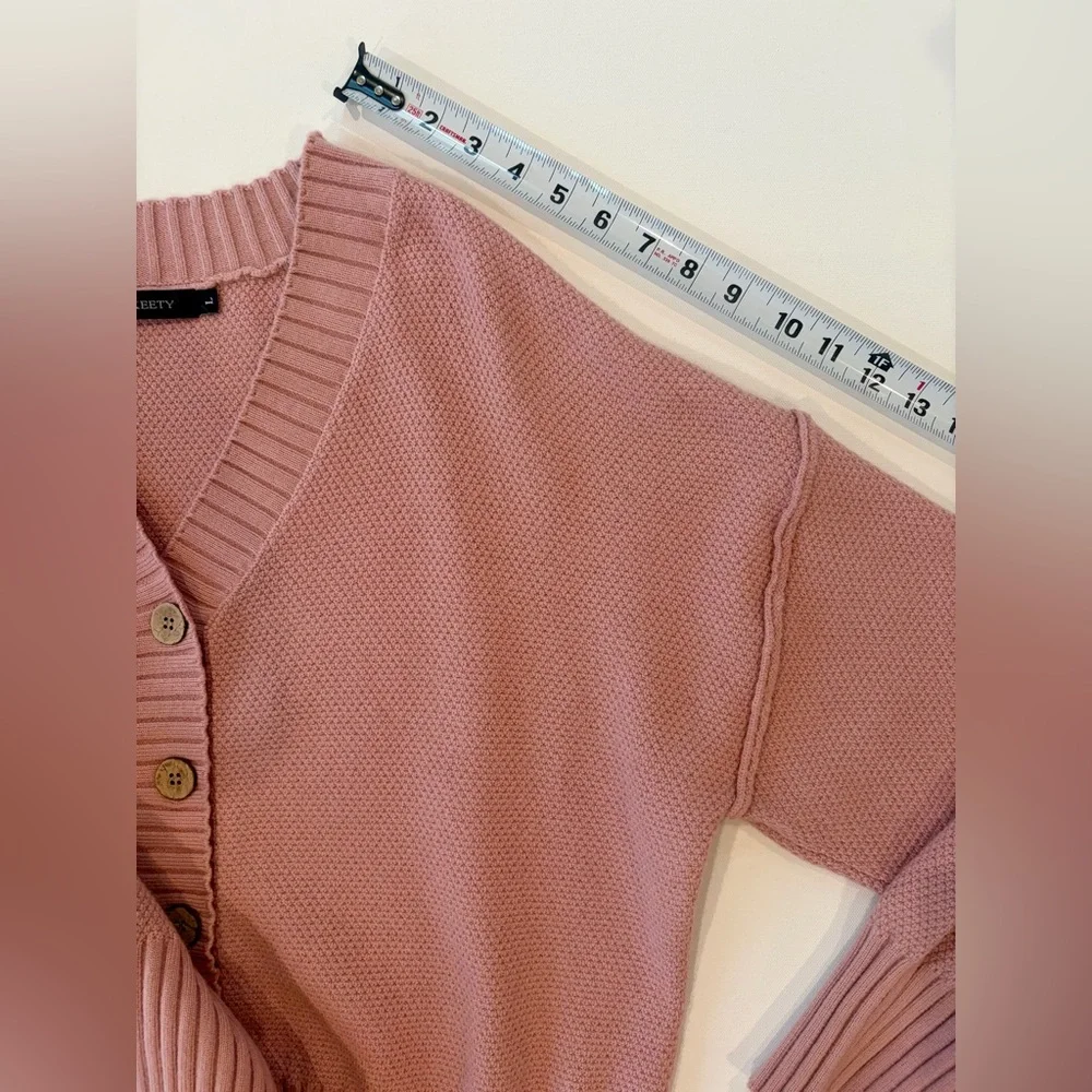 Merokeety Blush Pink Exposed Hem Sleeve Ribbed Stretchy Button-Up Cardigan Large - Picture 7 of 15